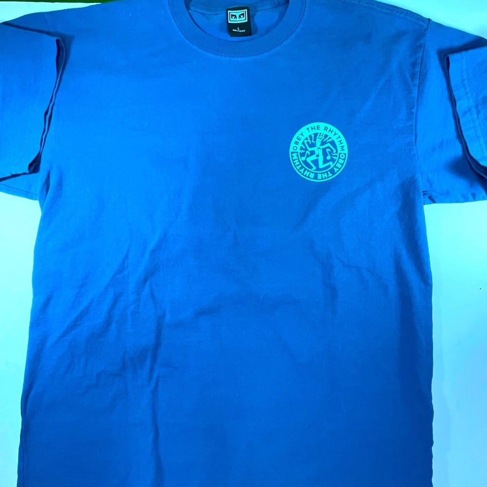 Obey Mens Large Size Blue 2 Sided Graphic Tee Shirt Obey the Rhythm Tee Top